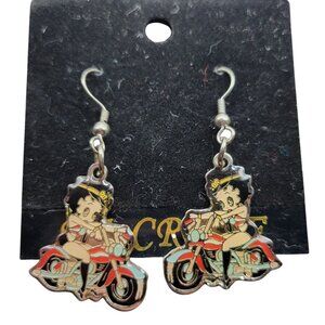 Betty Boop Motorcycle Dangle Earrings By NJ Croce Co Silver Tone Enamel Design